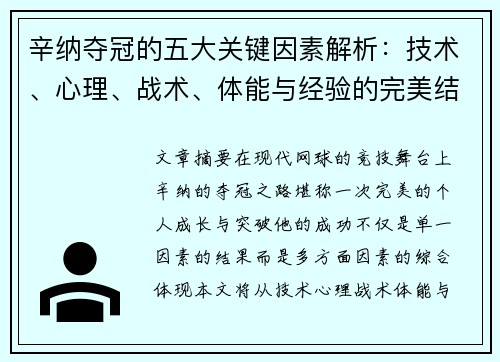 辛纳夺冠的五大关键因素解析：技术、心理、战术、体能与经验的完美结合