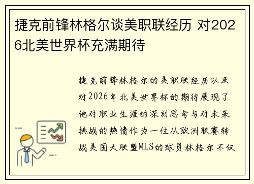 捷克前锋林格尔谈美职联经历 对2026北美世界杯充满期待
